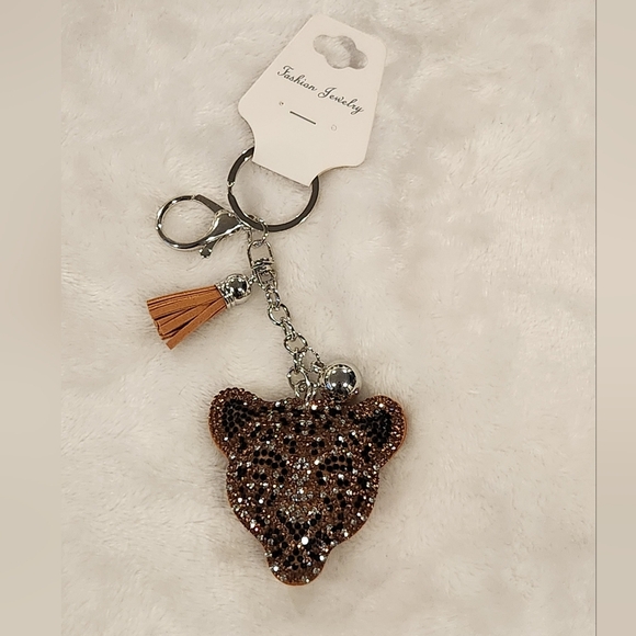 Fashion Jewelry Accessories - Leopard Brown Rhinestone Keychain Bag Charm